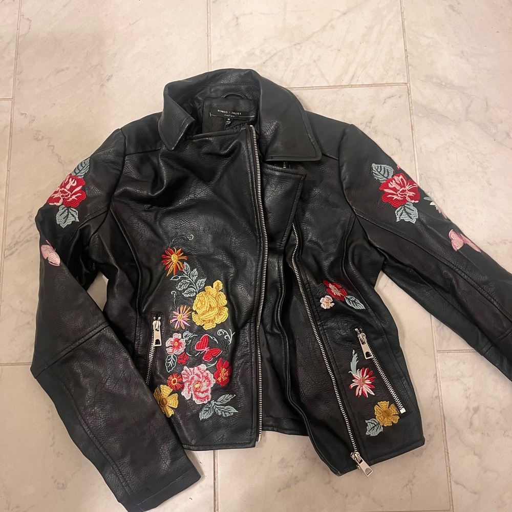 never been worn black leather jacket with floral design
